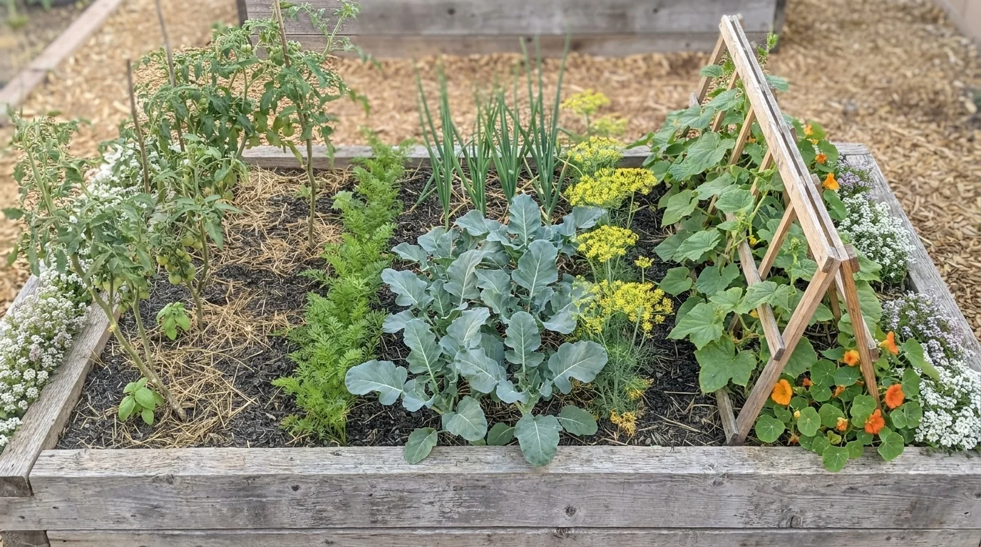 Cedar raised bed top-down with tomato-basil, brassica-dill, and cucumber-nasturtium pairings, sweet alyssum at the bed edges