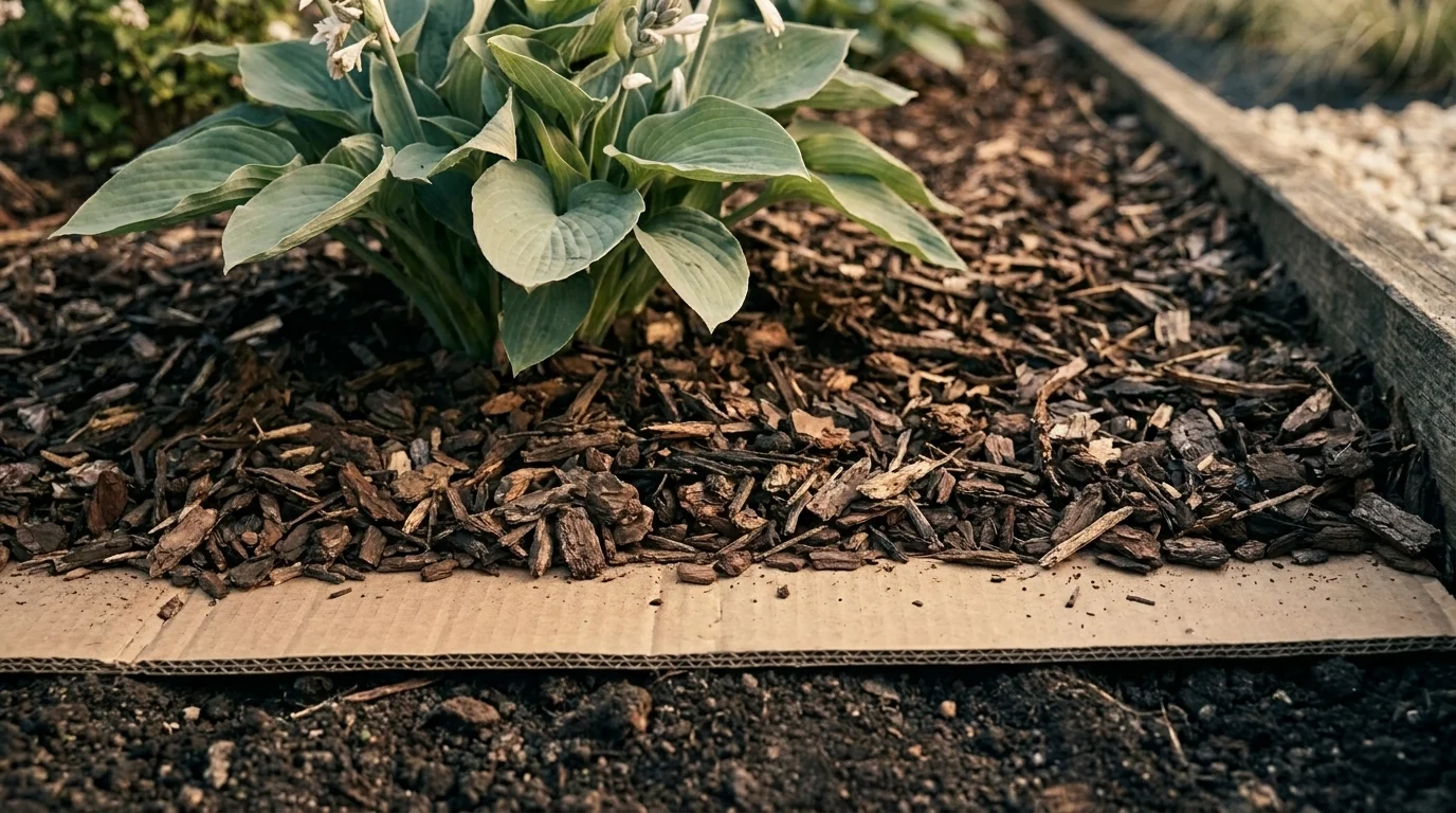 Cross-section of a sheet-mulched bed: plain cardboard against the soil topped with 3-4 inches of wood-chip mulch and a perennial