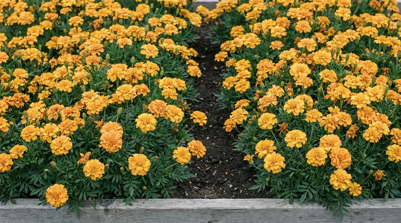 French marigold Tagetes patula in dense bloom at close spacing as a cover crop with bare soil visible between rows