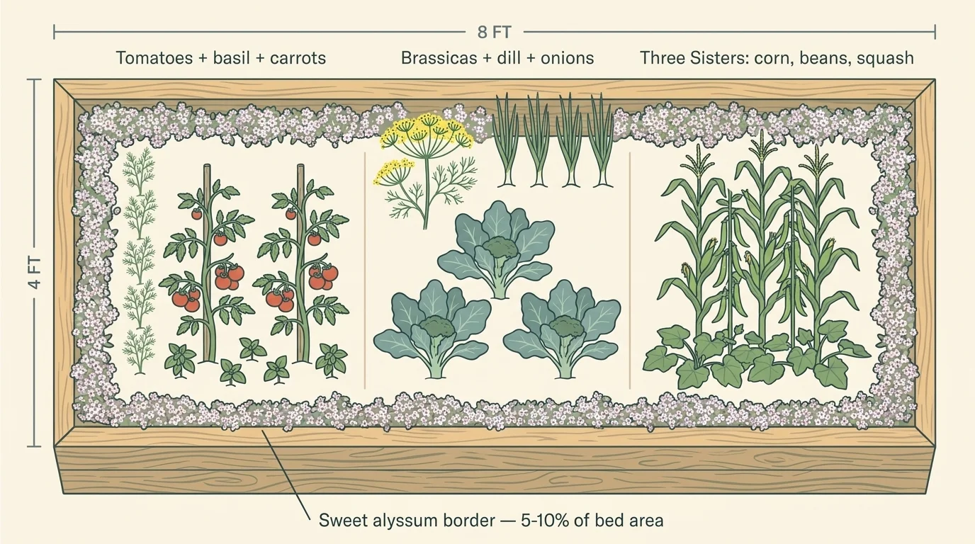 Diagram of a 4x8 raised bed split into thirds — tomato-basil, brassica-dill, Three Sisters — with sweet alyssum border
