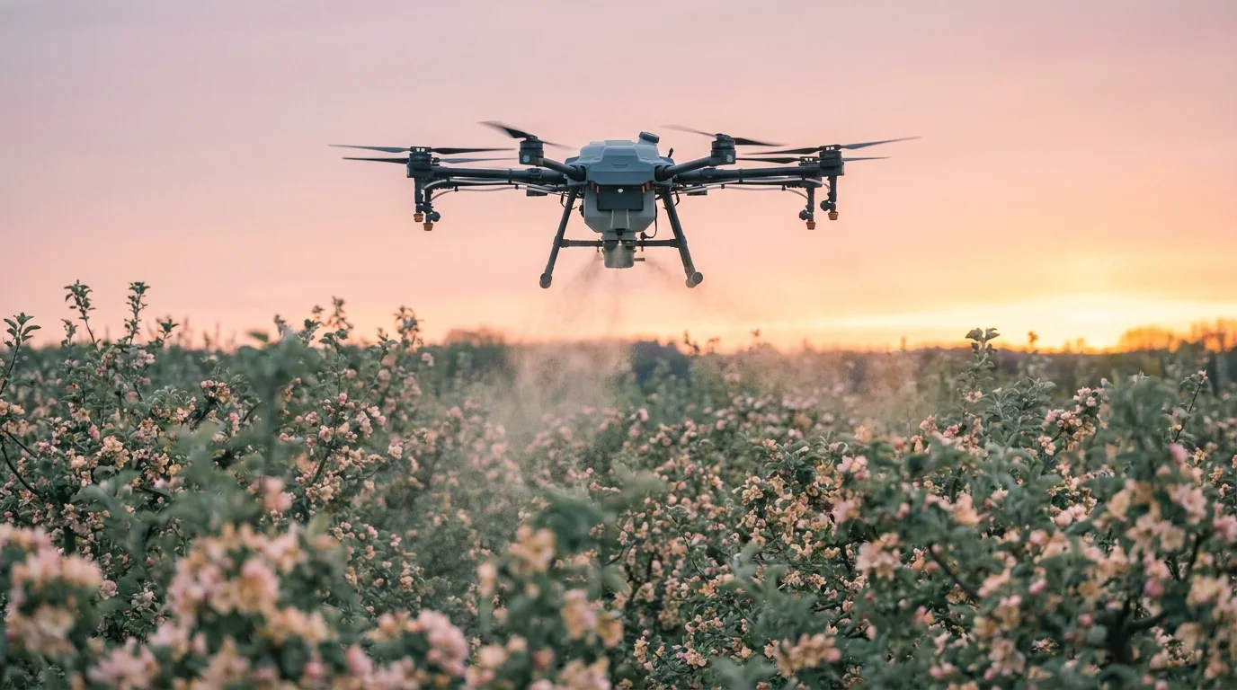 A commercial multirotor pollination drone dispersing pollen over a blossoming fruit orchard at dawn