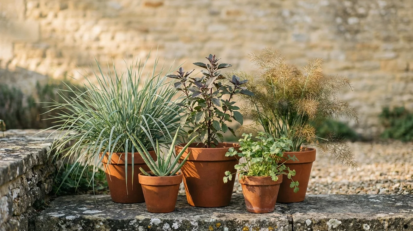 Ayurvedic garden grouping of tulsi, lemongrass and fennel in terracotta pots on a stone step in golden light