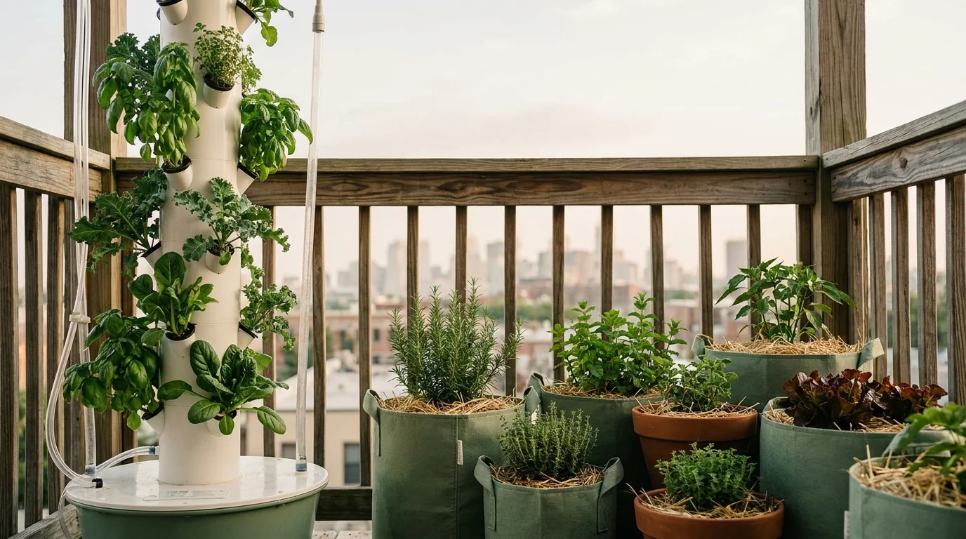 Small urban balcony with a hydroponic tower beside soil-filled fabric planters, a hydroponics vs soil setup in morning light
