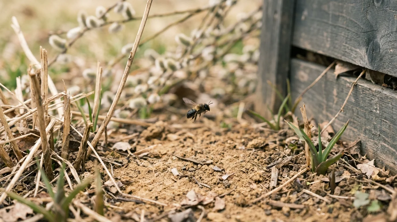 Sustainable gardening: sunlit bare-soil patch with a mining bee in flight near willow catkins and a pallet compost bin