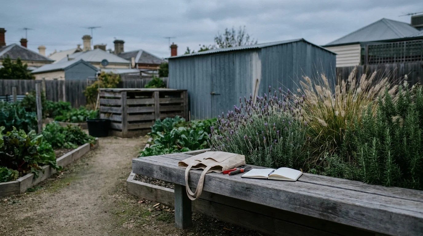 A quiet bench in a Brunswick community plot at dusk — the kind of healing garden that anchors gardening for mental health
