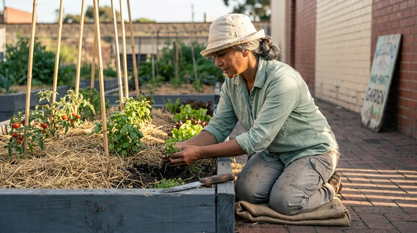 Mental health benefits of gardening: a solo gardener weeding at a Brunswick community plot in late-afternoon light