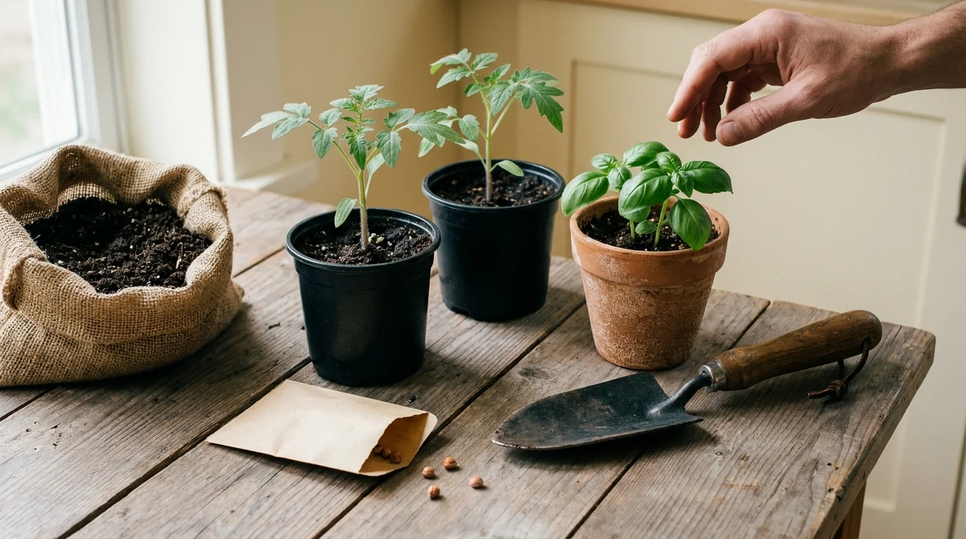Cherry tomato seedlings, basil seedling, hand trowel and bag of compost on a cedar workbench, home gardening starter