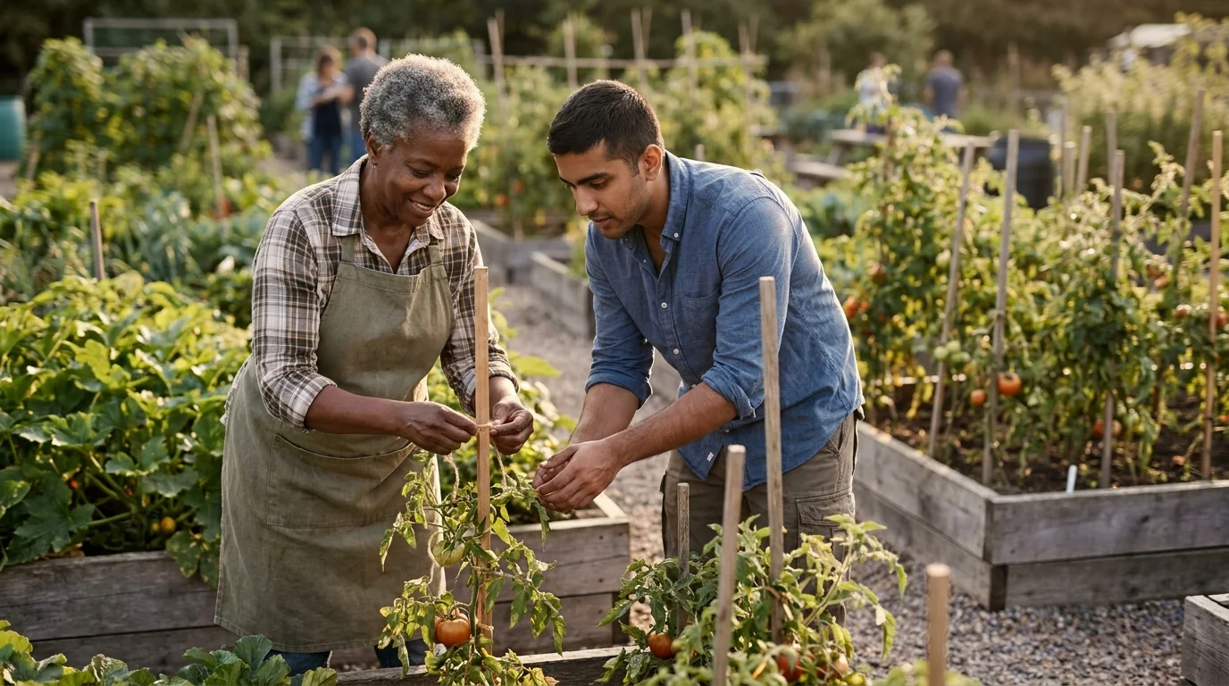 Two neighbours of different ages working a raised bed together at a community garden, tying a tomato vine in warm light