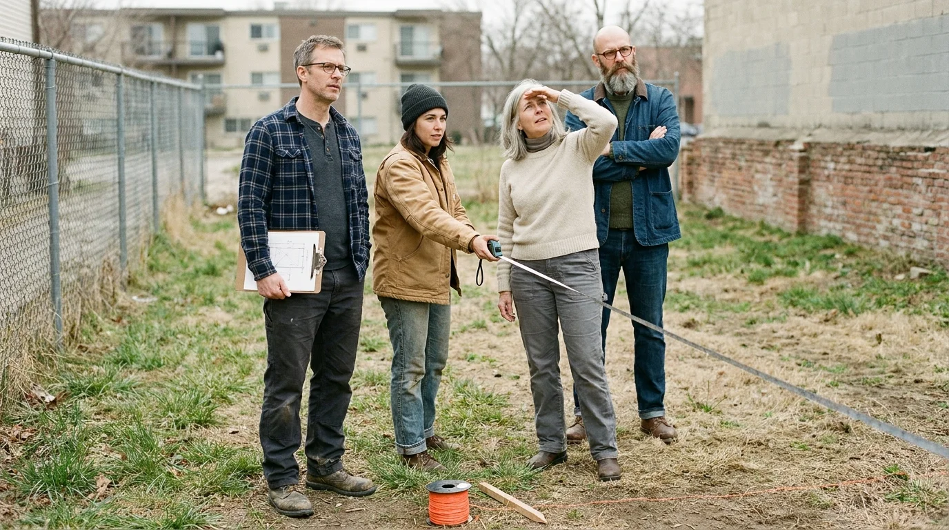 Planning committee for a new community garden on a site visit at an empty urban lot with clipboard and measuring tape
