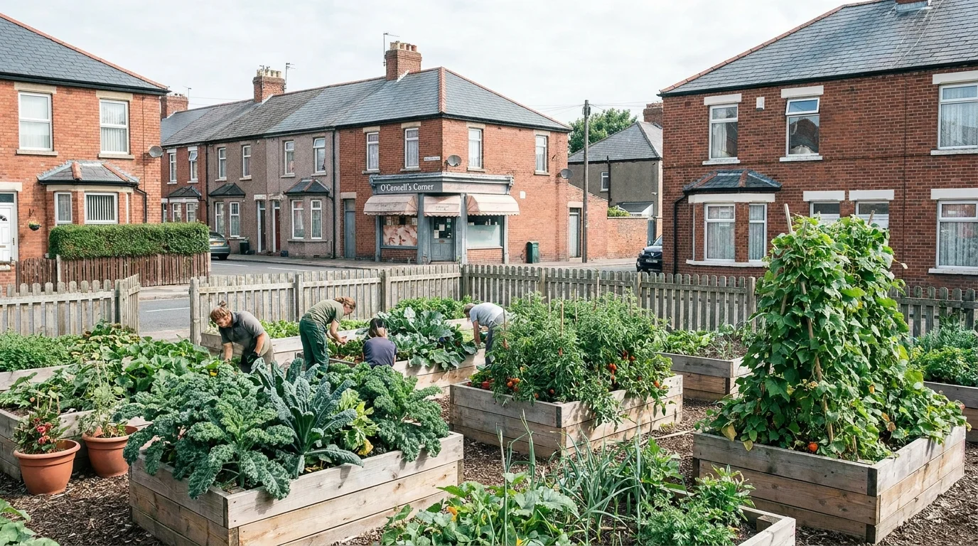 A thriving community garden on a reclaimed corner lot among brick row houses, a working food desert solution