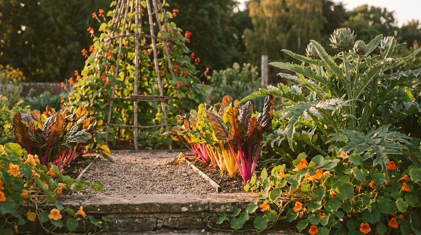 A composed edible-landscape border with a scarlet runner-bean wigwam, magenta chard and a globe artichoke in late light