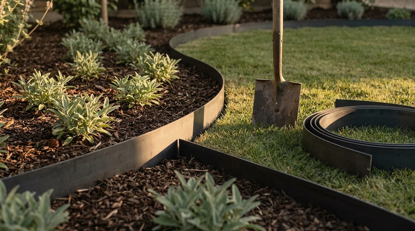 Curved dark steel garden edging dividing a mulched planted bed from green lawn in warm late-afternoon light