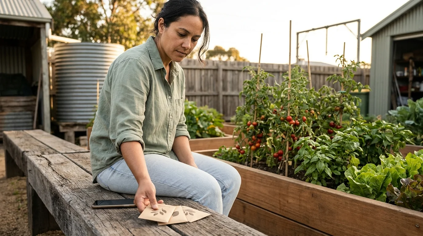 Gardener on a community-plot bench in golden-hour light holding three kraft seed packets, the phone resting face-down beside
