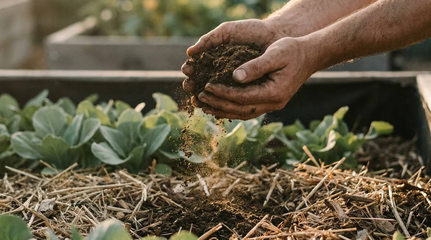 Gardener's hands lifting dark finished compost over a mulched no-dig bed at golden hour, sustainable gardening in practice