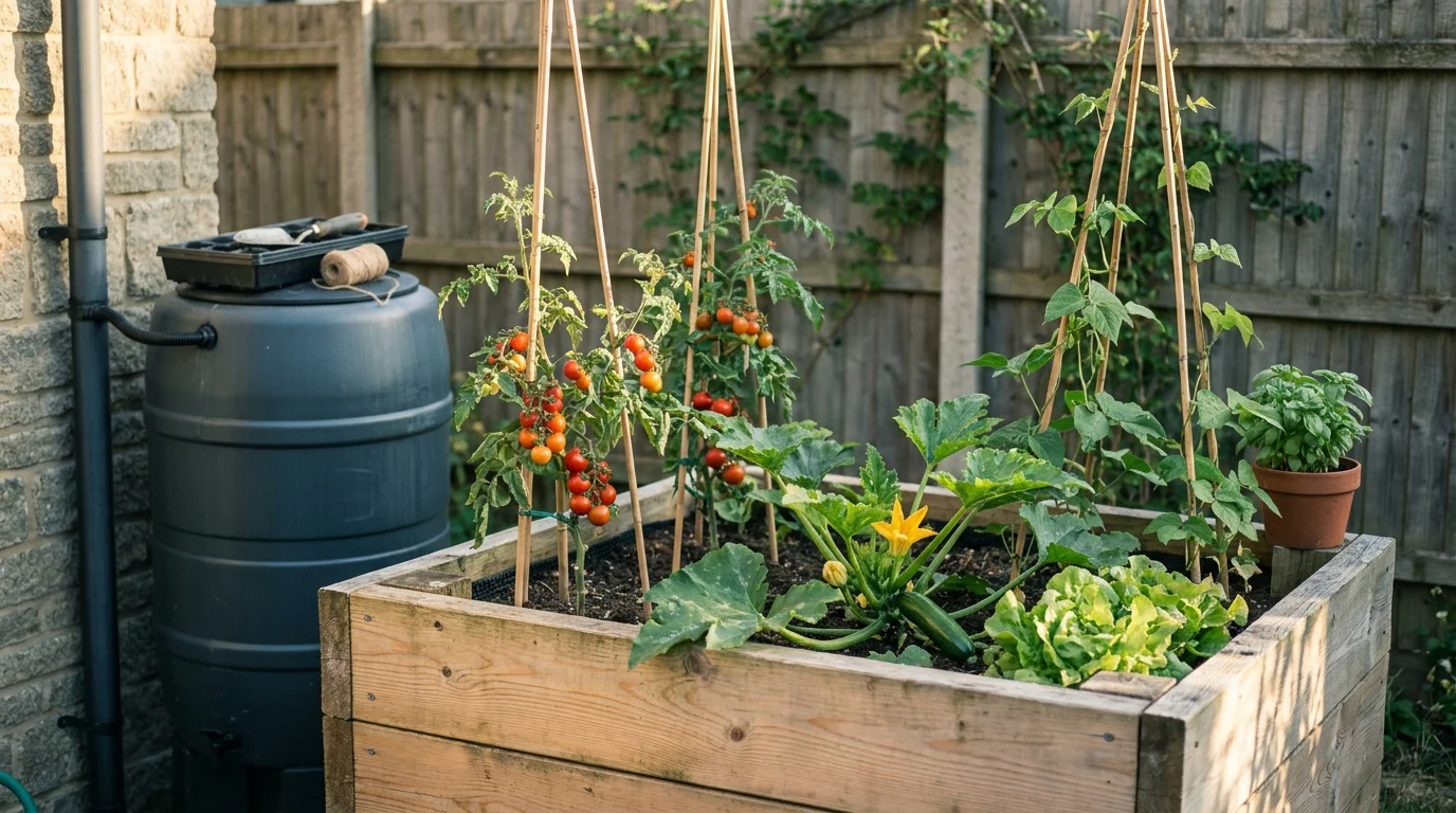 DIY scaffold-board raised bed with cherry tomatoes, courgette, runner beans, and a 200-litre water butt by a UK back fence