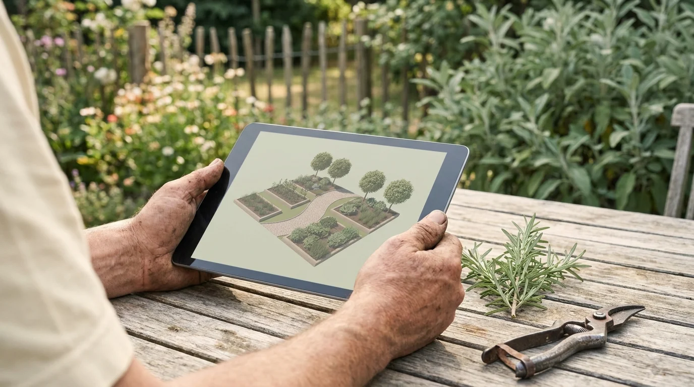 Hands holding a tablet showing a 3D garden-design app plan at a garden table, the real backyard soft behind