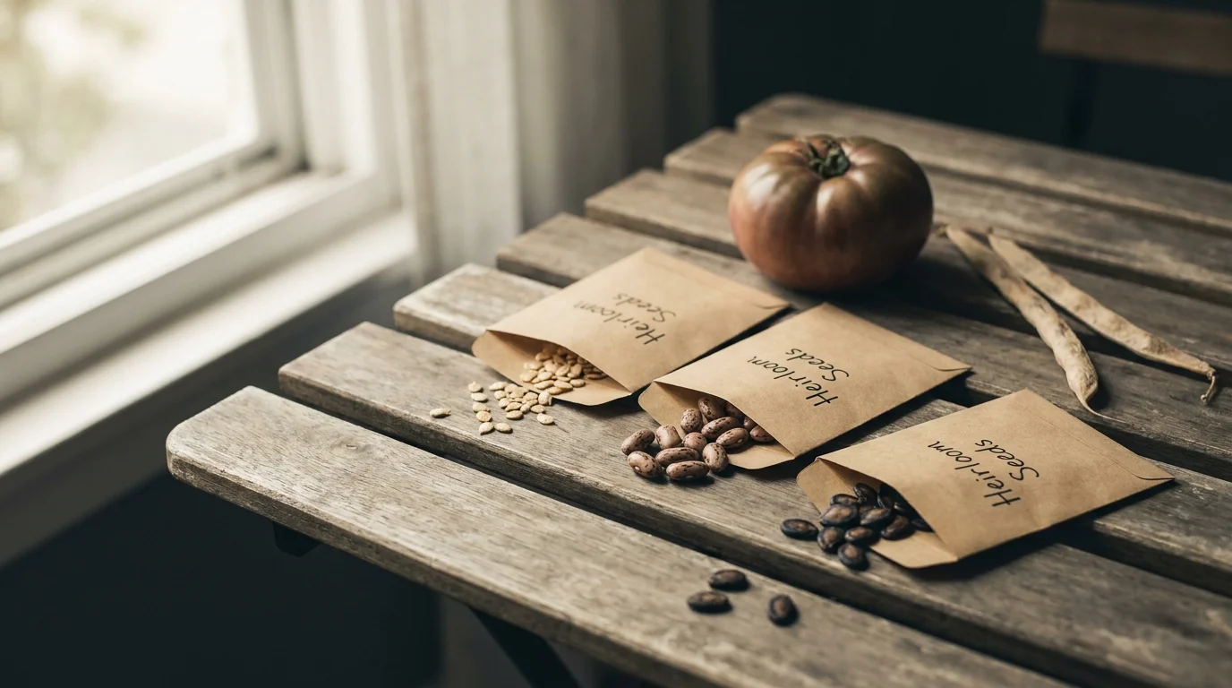 Open kraft packets with mounds of dried heirloom seeds, dried bean pods and a whole Cherokee Purple tomato on a balcony table