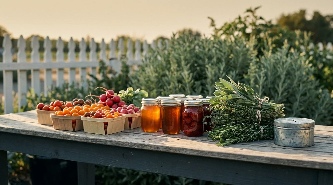 Front-garden stand selling jars of jam, honey and tomato baskets under cottage food laws in golden afternoon light