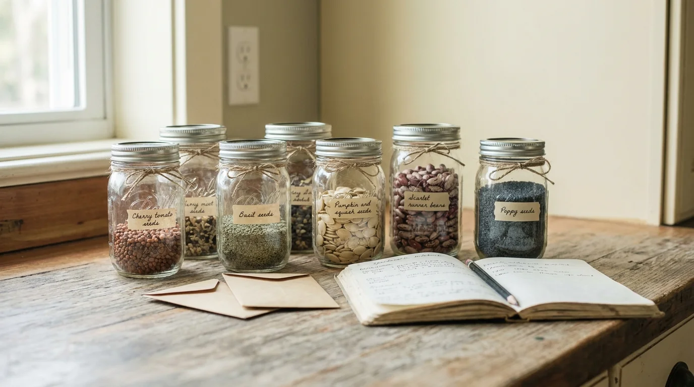 Home seed library with glass jars and kraft envelopes of saved seeds, hand-lettered labels on a wooden kitchen counter