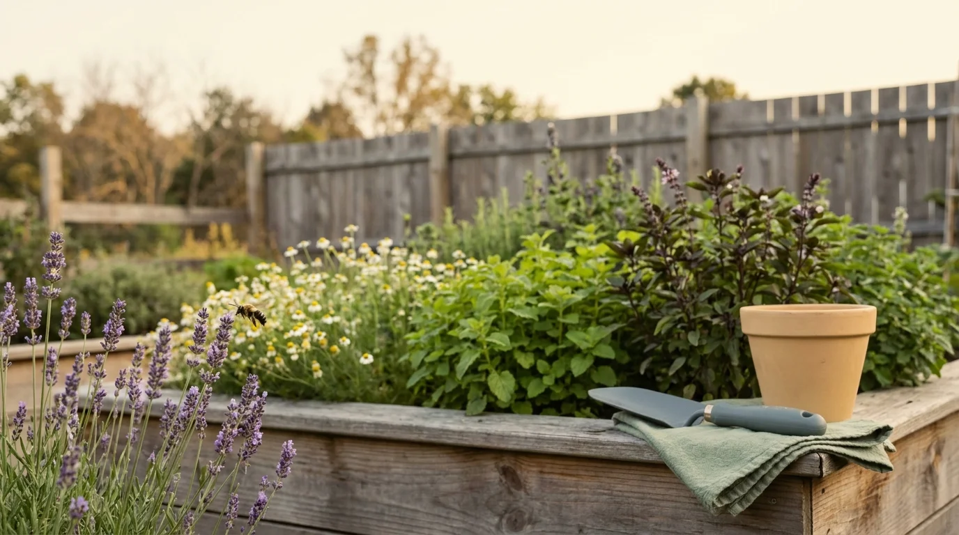 Hudson Valley medicinal herb garden in late-afternoon light with a long-tongued miner bee on blooming English lavender