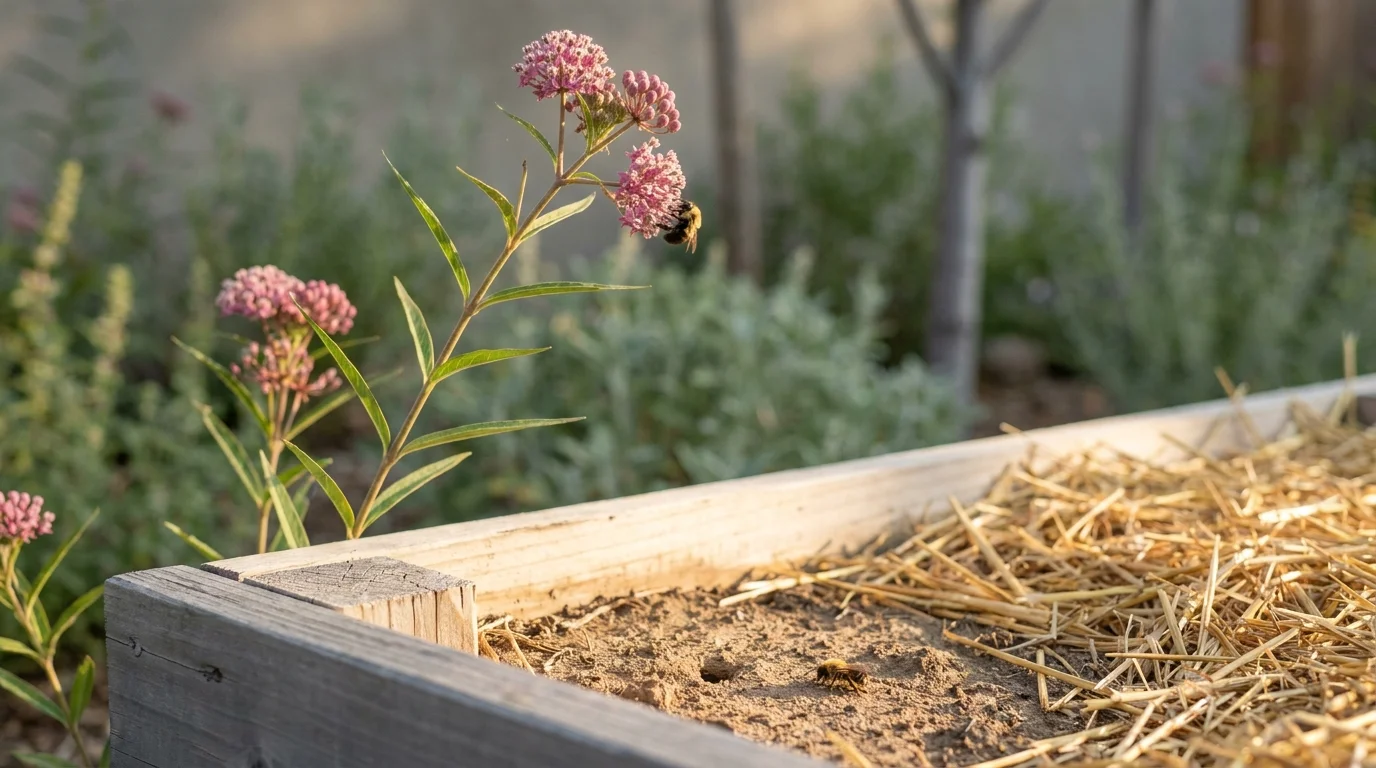 Hudson Valley sustainable gardening close-up: bumblebee on native swamp milkweed beside a bare-soil ground-nesting bee patch