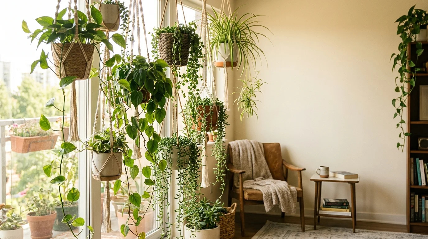 A bright window corner filled with an indoor hanging garden of cascading pothos, philodendron and trailing succulents
