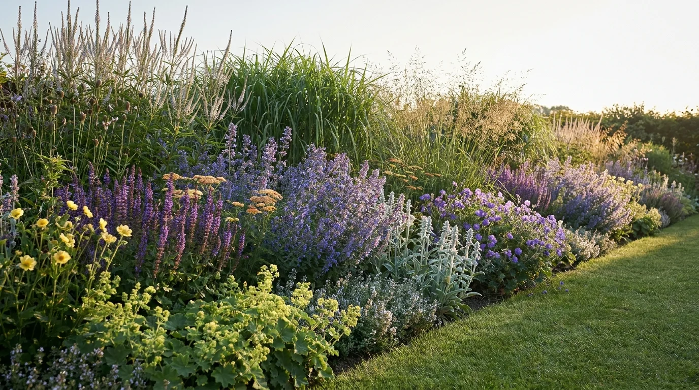 A drift-planted summer flower border layered back-to-front in golden light, one of the guide's flower bed ideas