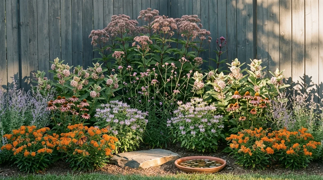 How to start a butterfly garden: a mid-summer border with coneflower, milkweed, bergamot, and Verbena bonariensis