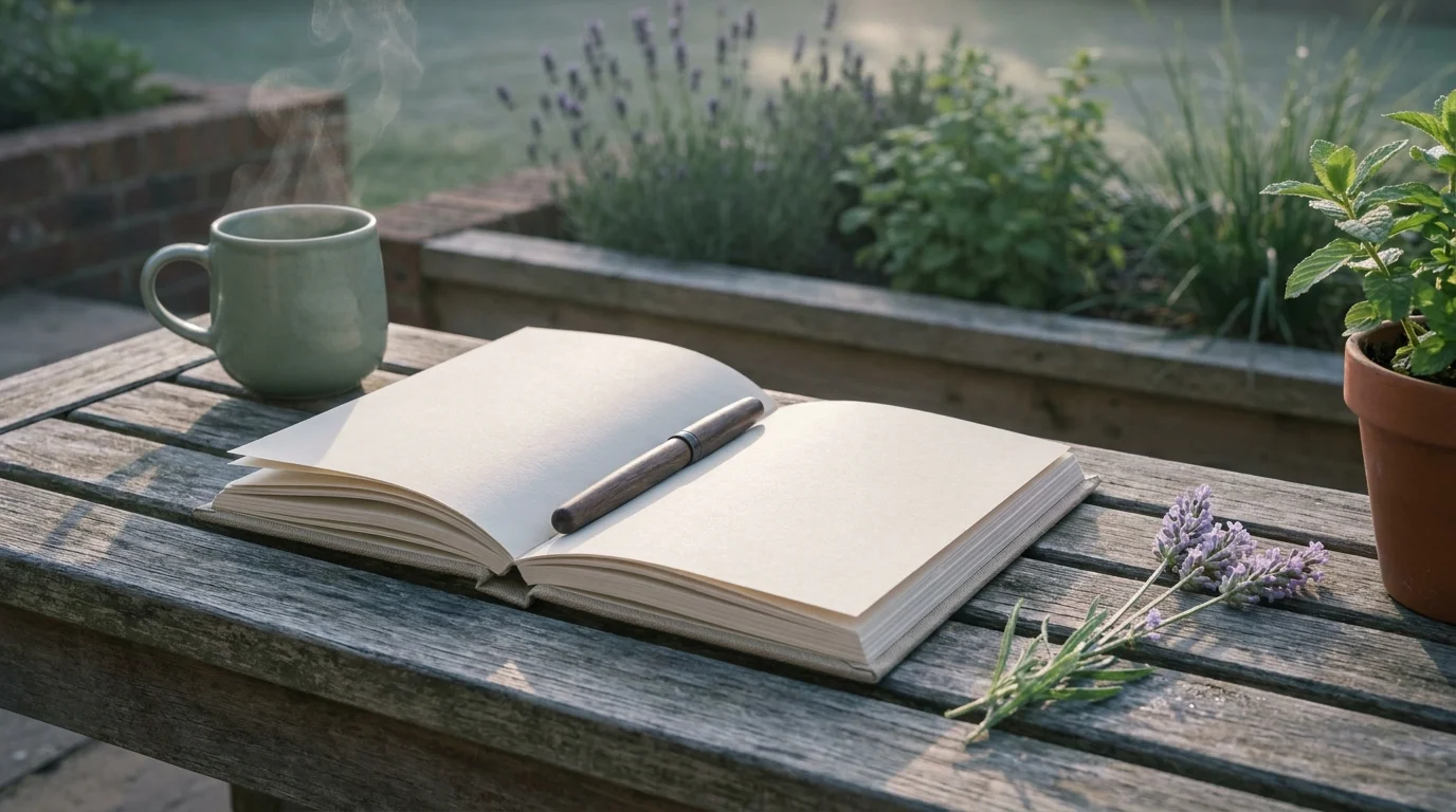 Mindful gardening morning routine — journal, pen, herbal tea mug, and lavender on a weathered bench at first light