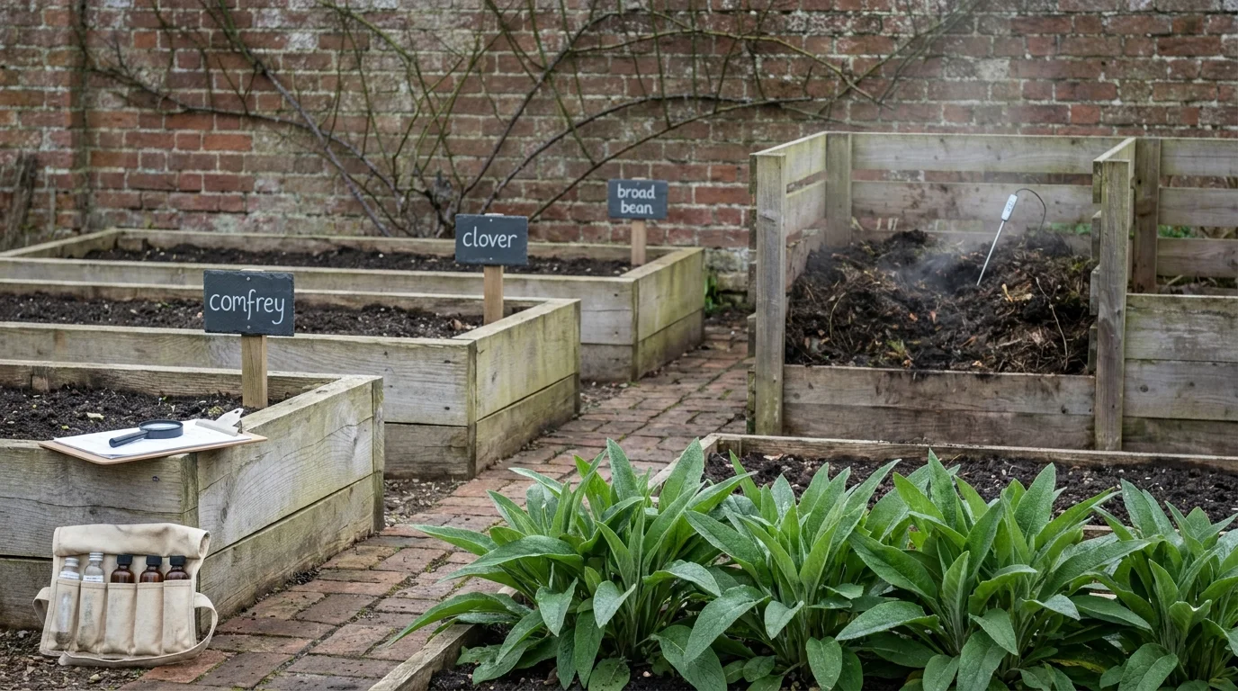 A Norfolk research allotment in early-spring morning light, the working bones of a sustainable gardening practice