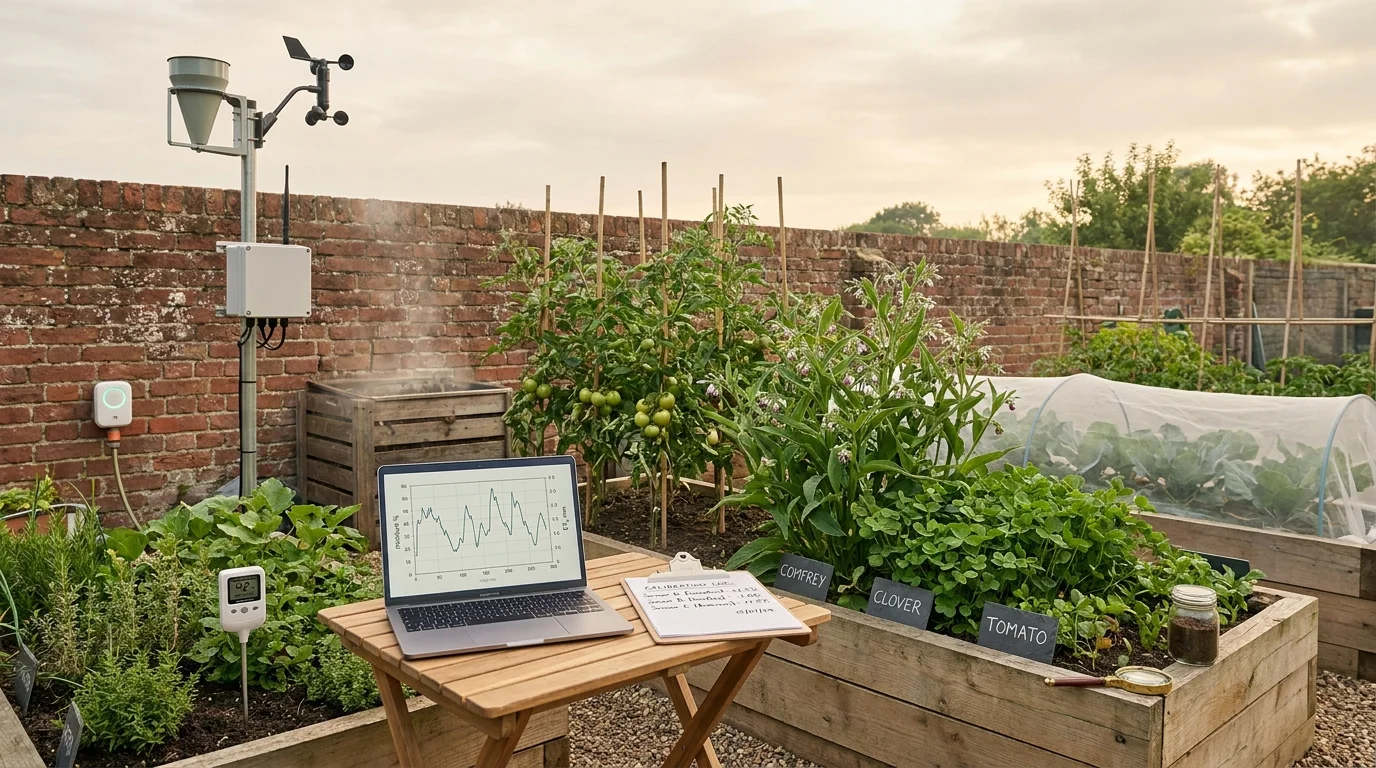 A Norfolk research allotment in midsummer with smart gardening kit — soil sensor, weather station, and a laptop dashboard