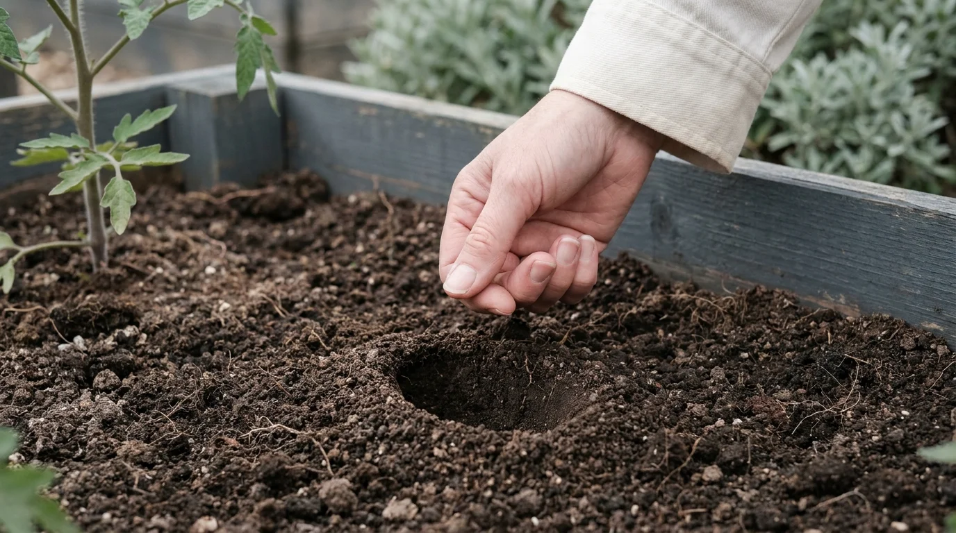 How to revive a dying plant — Norwich allotment thumb-test diagnostic in dark friable loam beside a young tomato plant