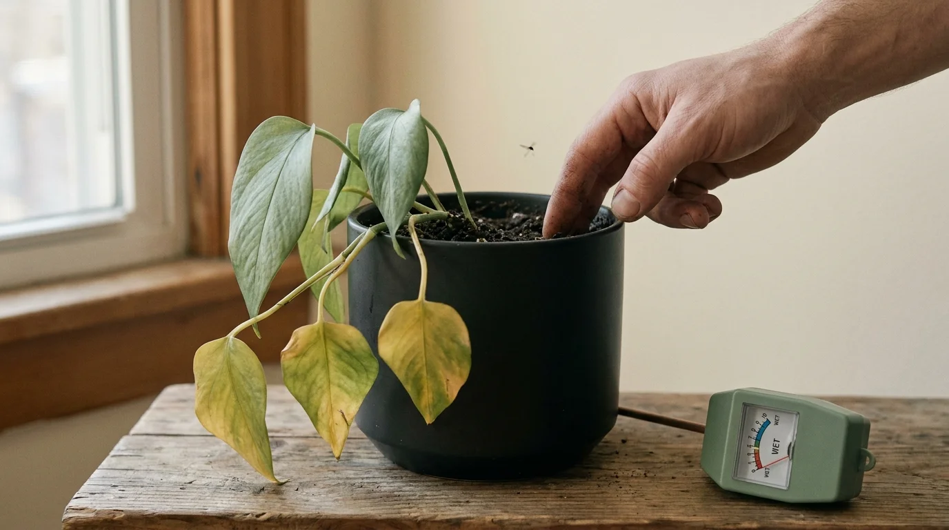 Overwatered pothos wilting despite a damp dark soil surface, a finger pressing into the wet soil to confirm the diagnosis