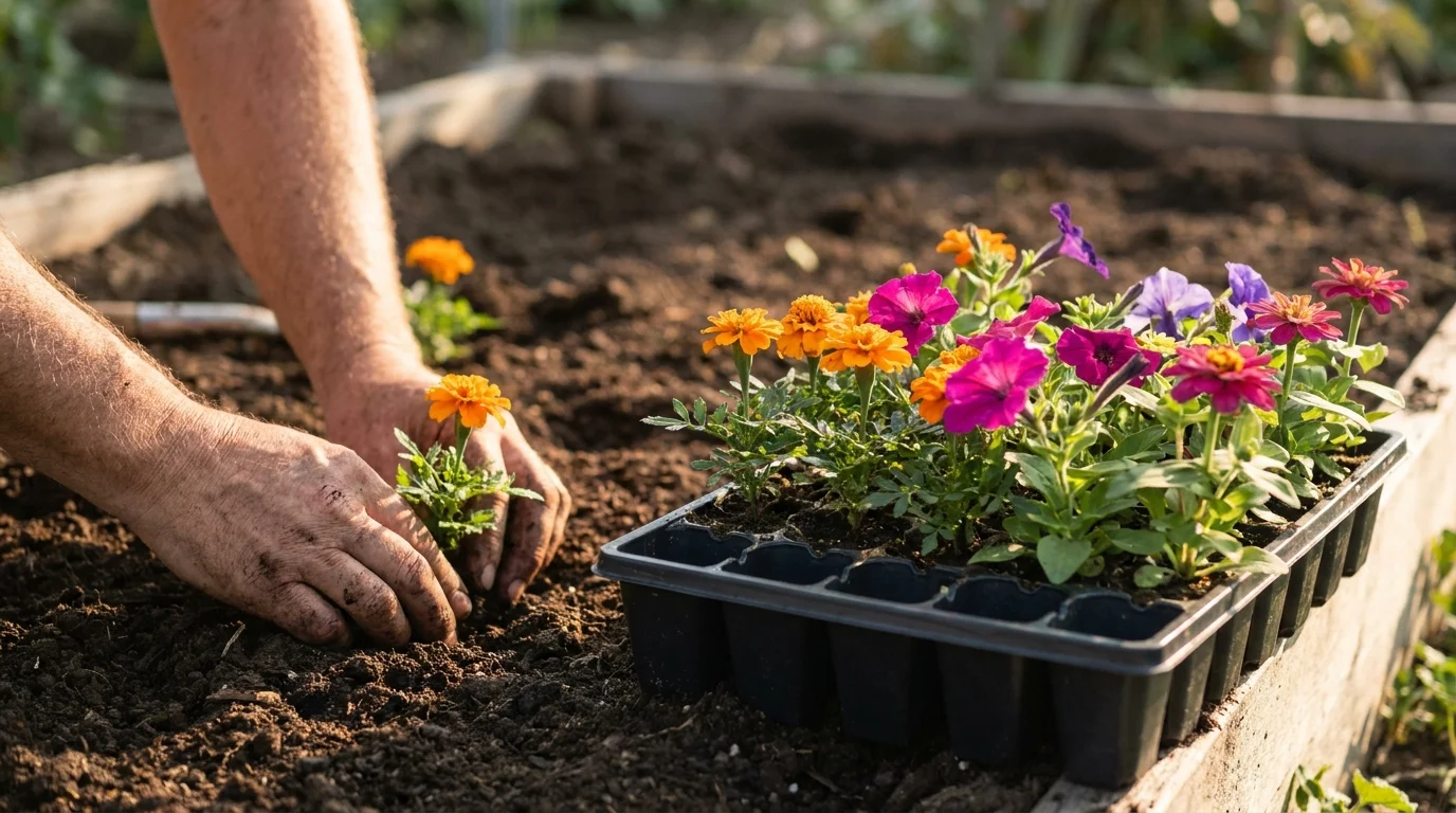 Hands planting young flowering annual plants from cell-pack trays into a prepared garden bed in warm morning light