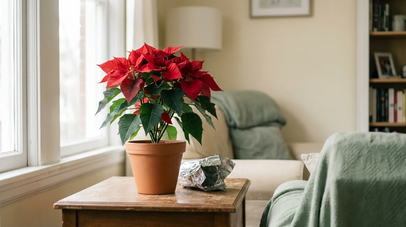 A red-bracted holiday houseplant in a foil-free terracotta pot by a bright window, everyday poinsettia care