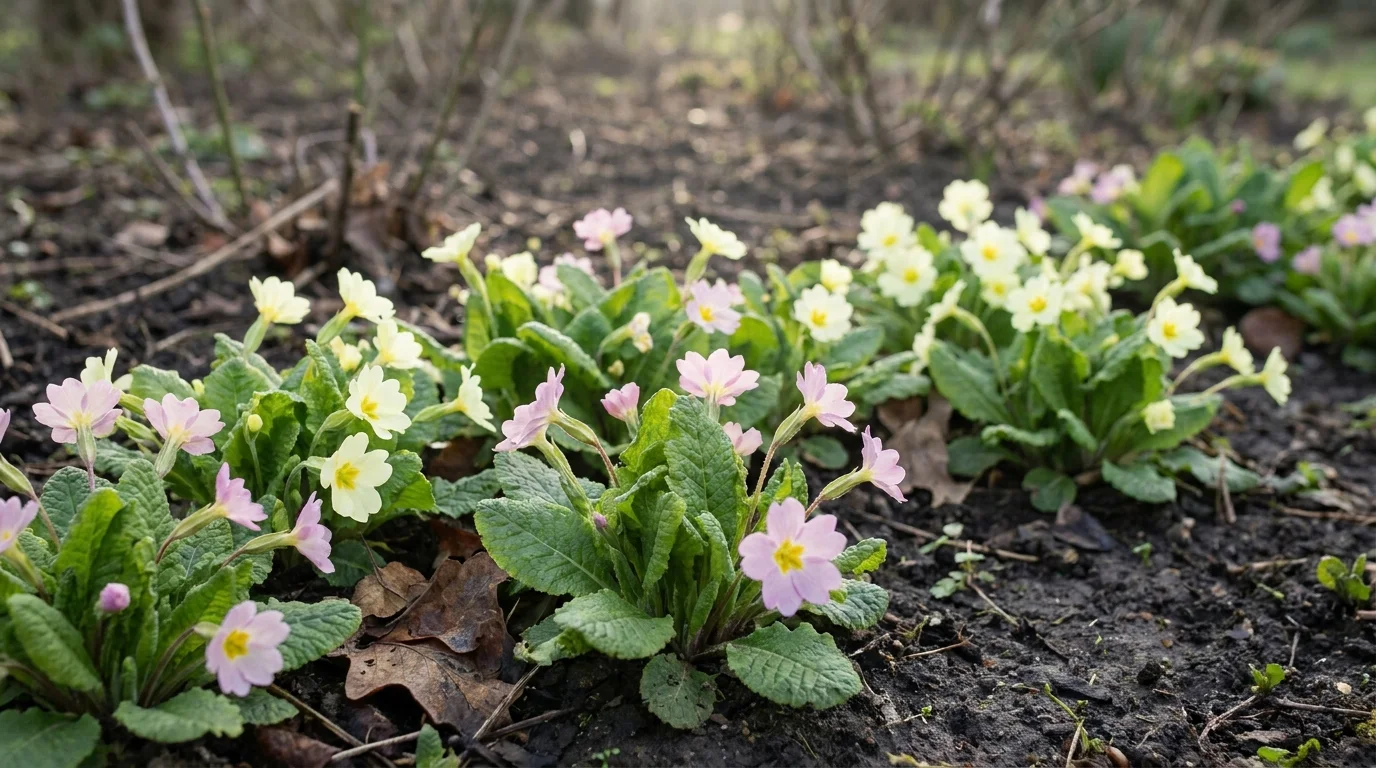 A drift of pale yellow and pink primrose flowers opening low against bare early-spring ground in soft morning light
