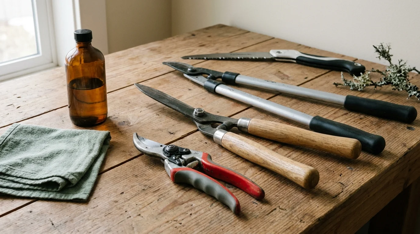 Bypass pruners, loppers, folding saw, and hedge shears laid out on a weathered cedar workbench, pruning vs trimming gear
