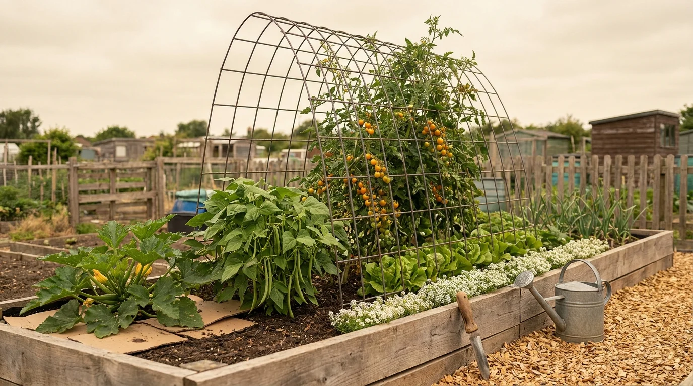 Organic vegetable garden: cedar raised bed in June with cherry tomato on a cattle-panel arch, courgette, and alyssum edging