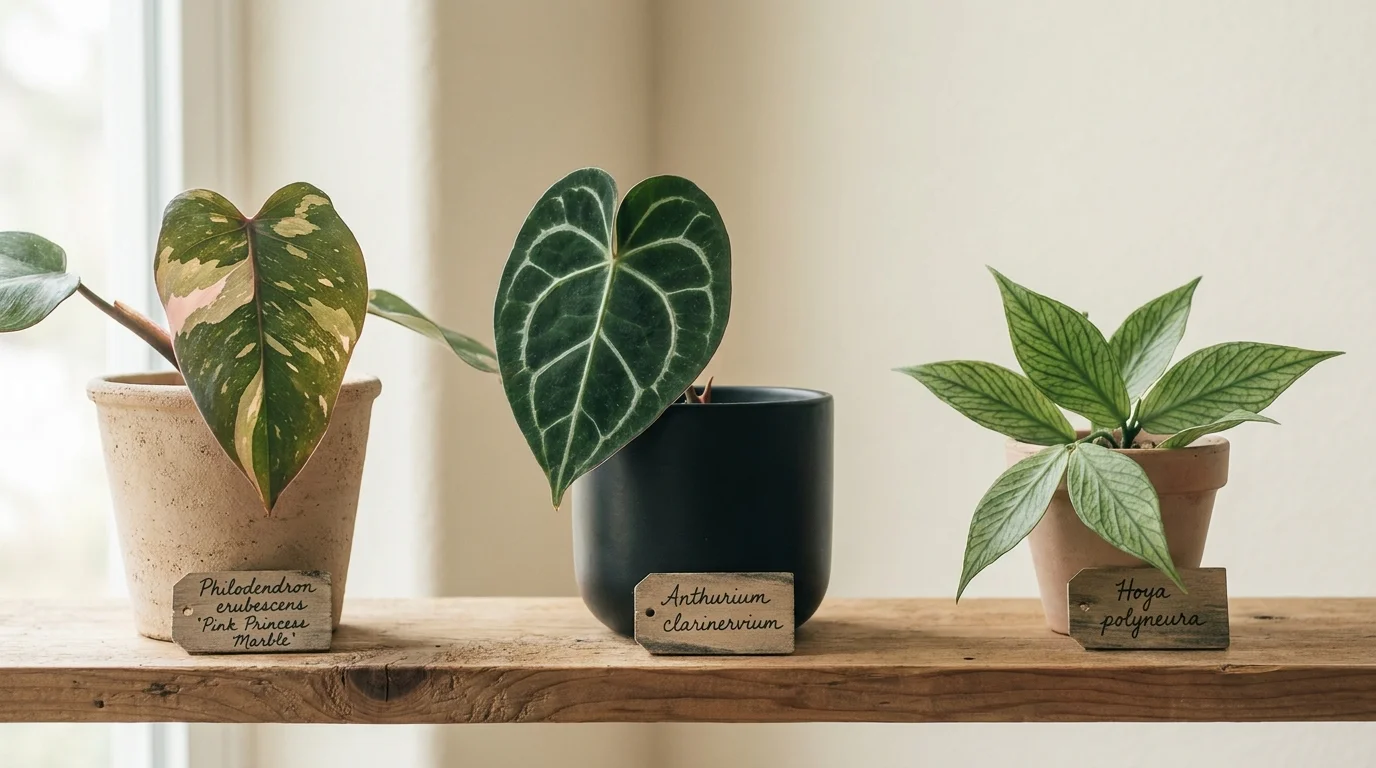 Pink Princess, Anthurium clarinervium and Hoya polyneura, three unusual houseplants on a collector shelf in window light