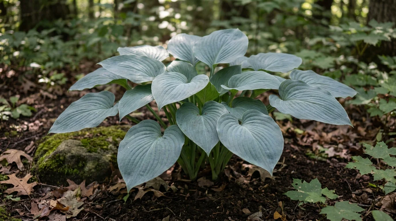 A real blue-grey 'Blue Heart' hosta with heart-shaped leaves in dappled woodland shade, the true midnight blue heart plant