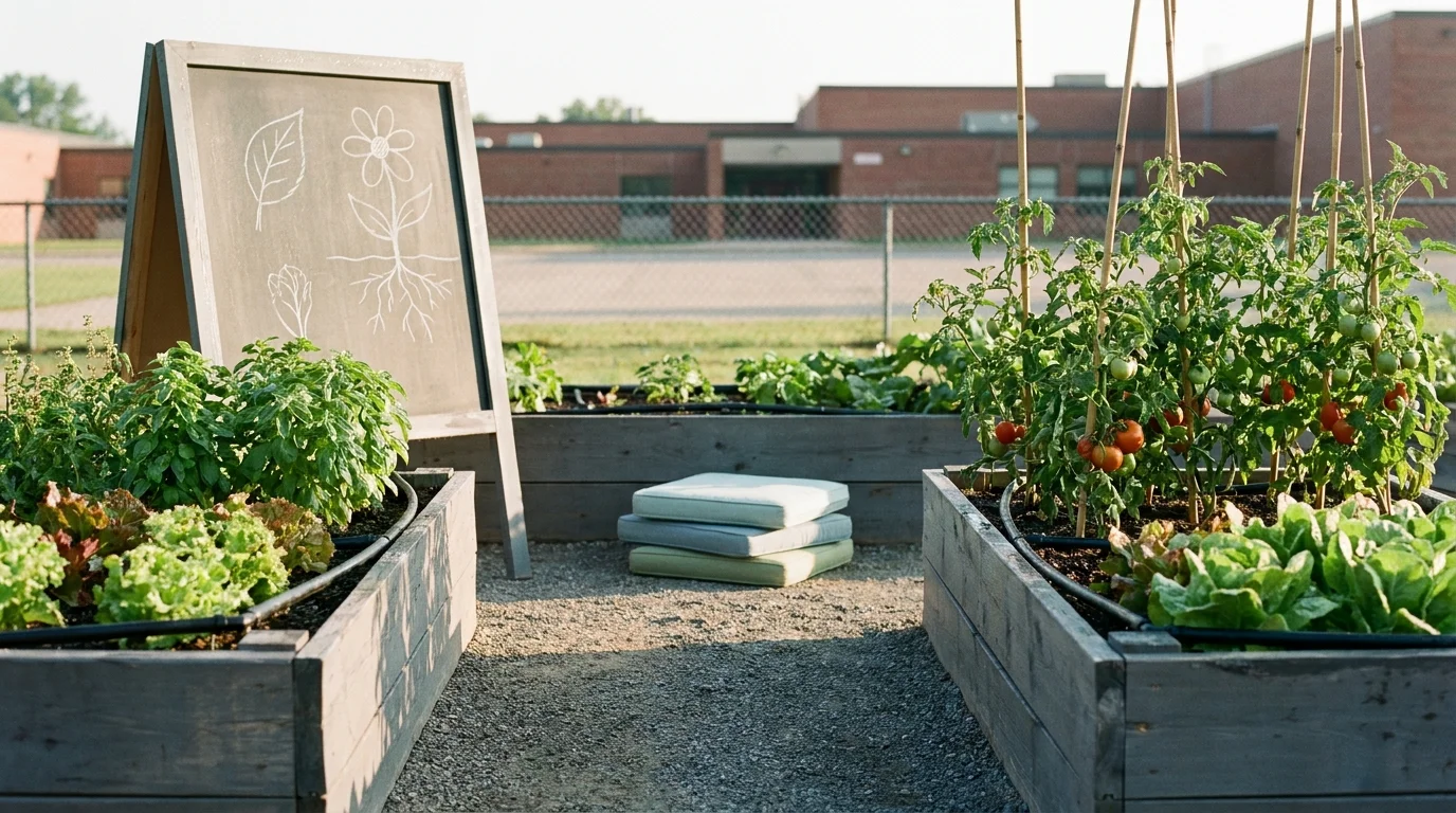 School garden program at sunrise: empty raised beds with summer crops, drip irrigation, and seating cushions ready for class