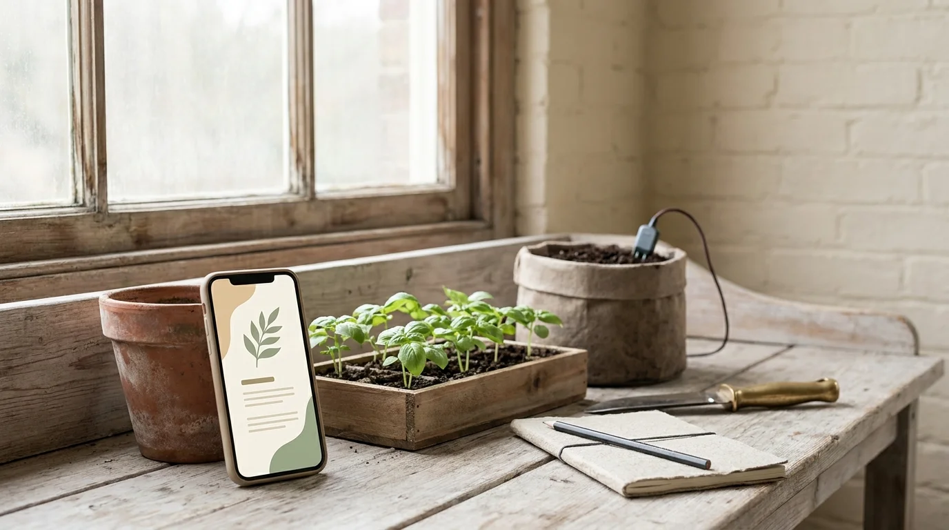 Smart gardening phone with plant-identification app propped against a terracotta seedling pot on a Norwich potting bench