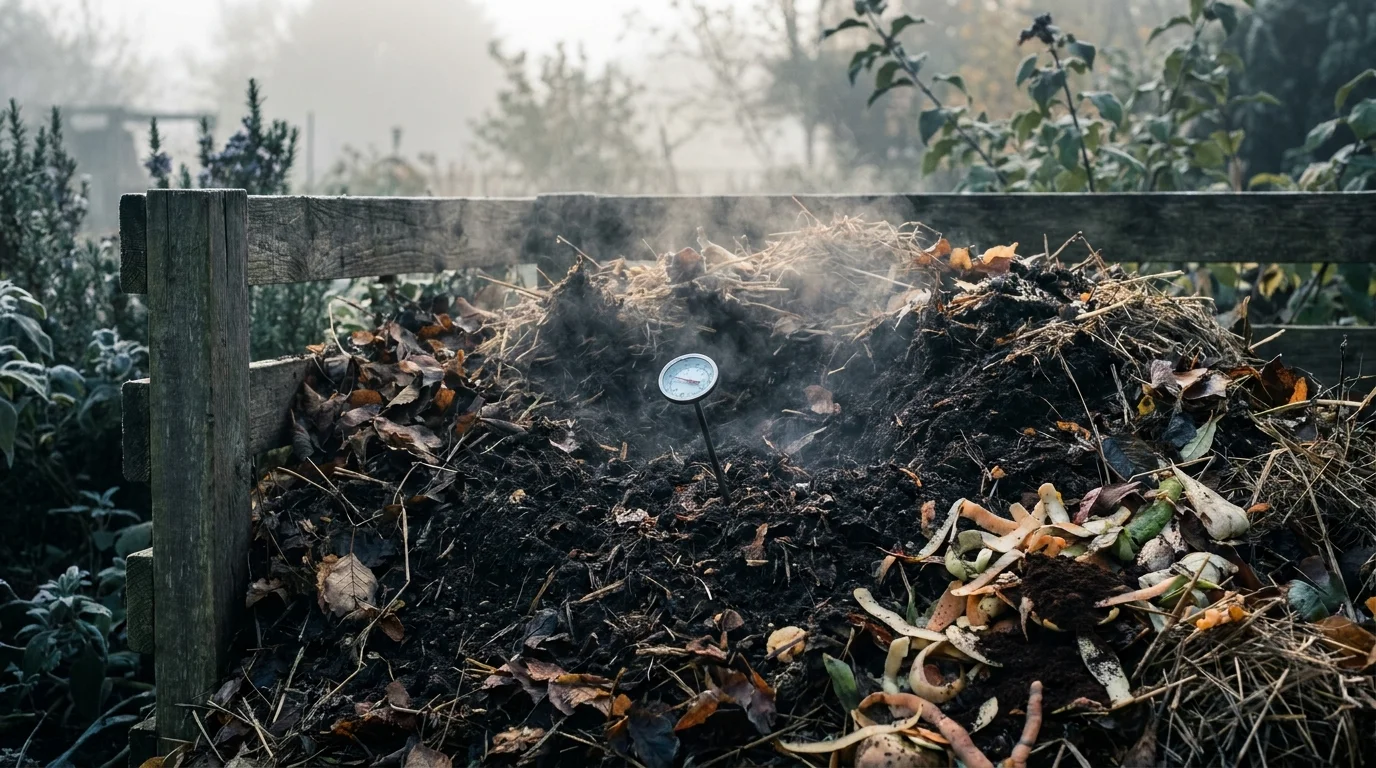 A steaming active compost pile with a dial thermometer in cool morning light, the science of composting at work