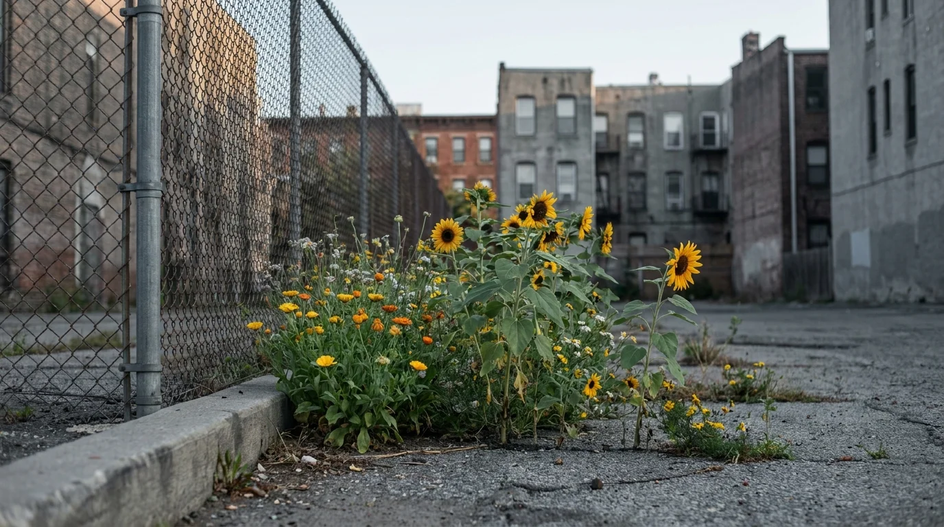Sunflowers and wildflowers erupting from cracked concrete at a chain-link fence, guerrilla gardening