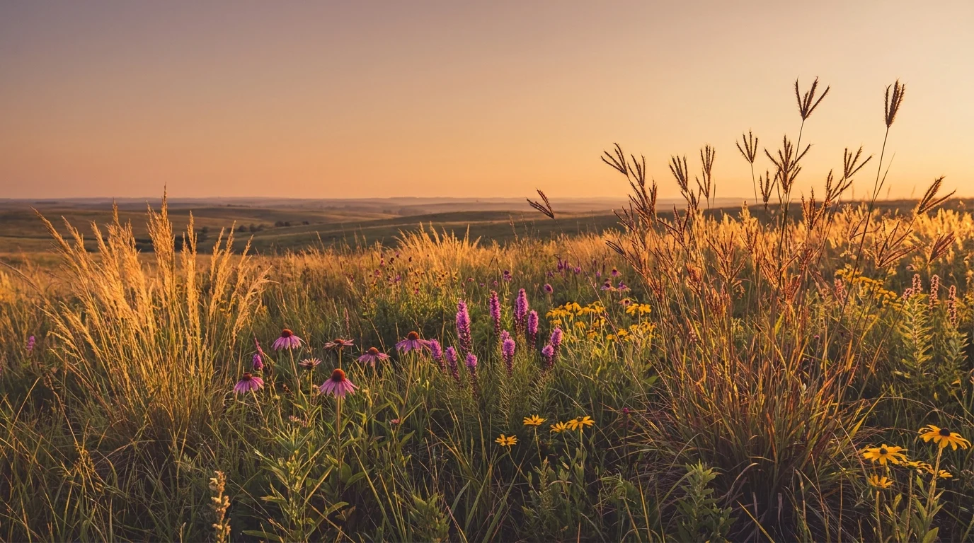 A tallgrass prairie of grassland plants in golden light — big bluestem, blazing star and coneflower catching the sun