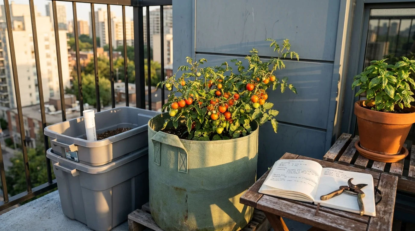 Toronto balcony container gardening for small spaces in golden afternoon light, fabric grow bag with ripening cherry tomatoes