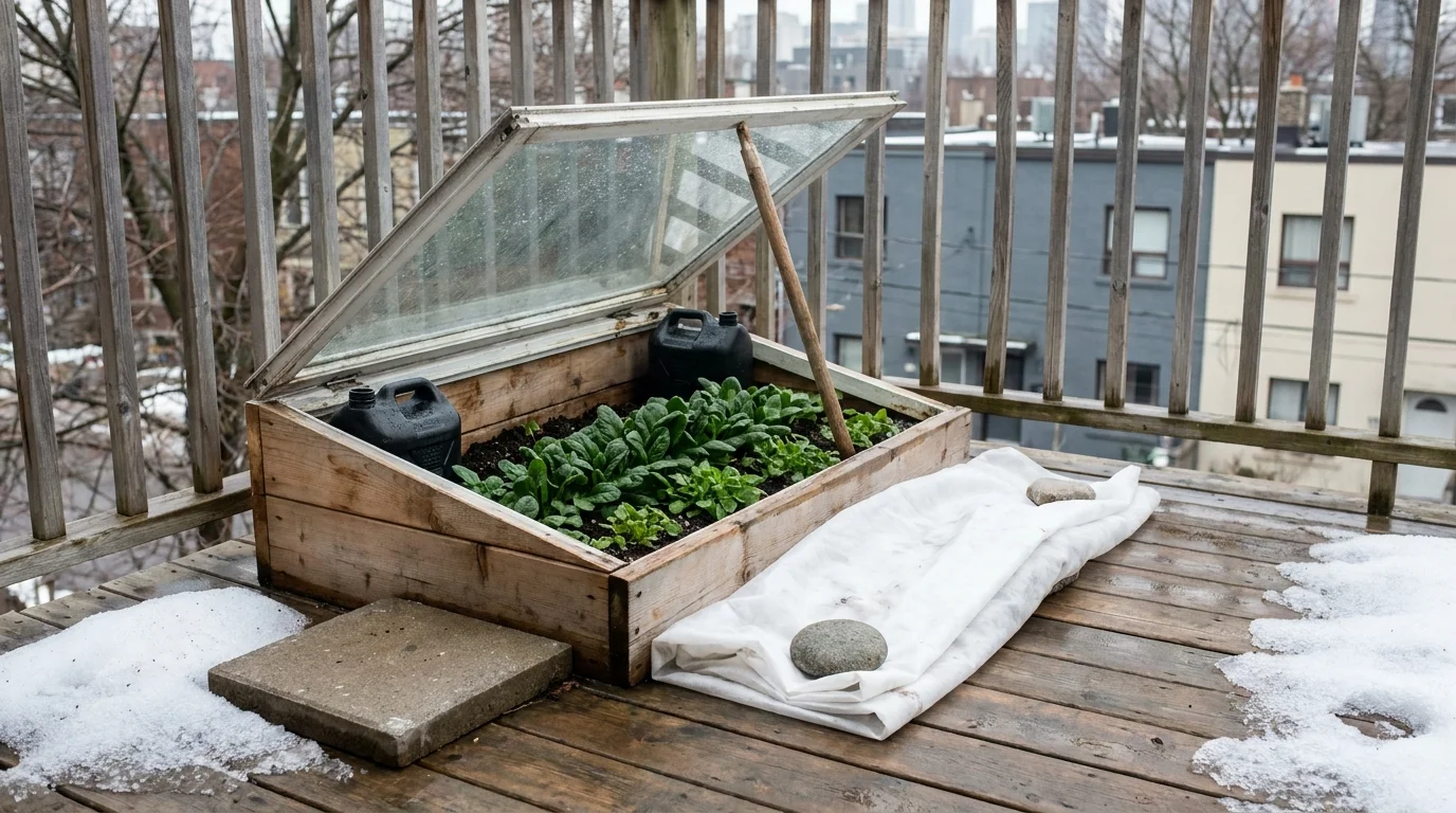 Toronto balcony cold frame with overwintered spinach in early March — the bones of a four-season edible garden