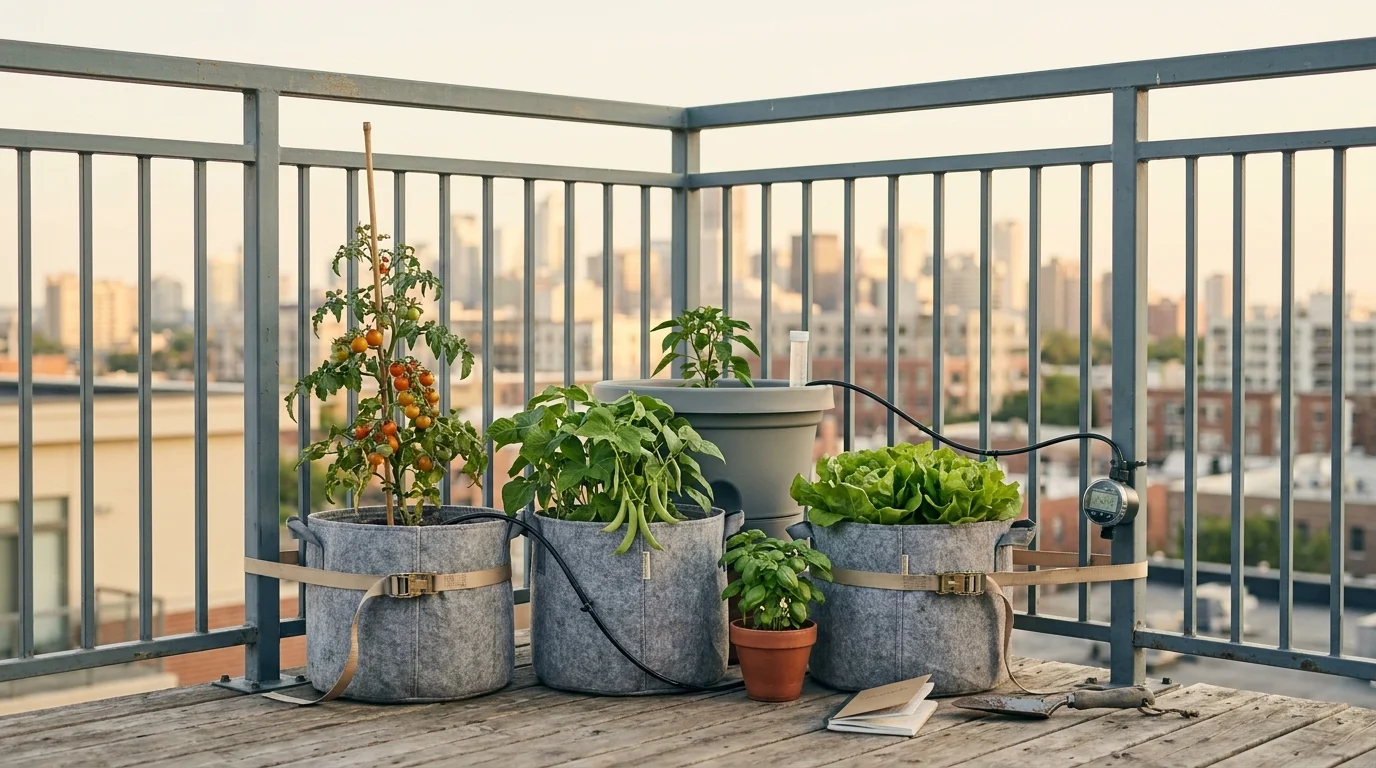 Sixth-floor balcony rooftop garden with fabric grow bags strapped to the railing and city skyline at late-afternoon light