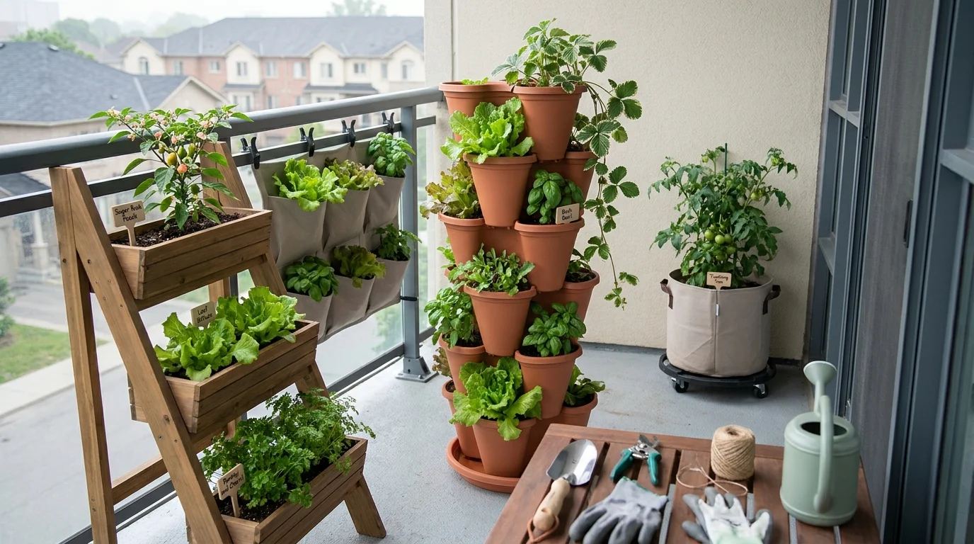 Toronto balcony small space garden ideas — stackable strawberry tower, three-tier planter, fabric pockets, and rolling caddy