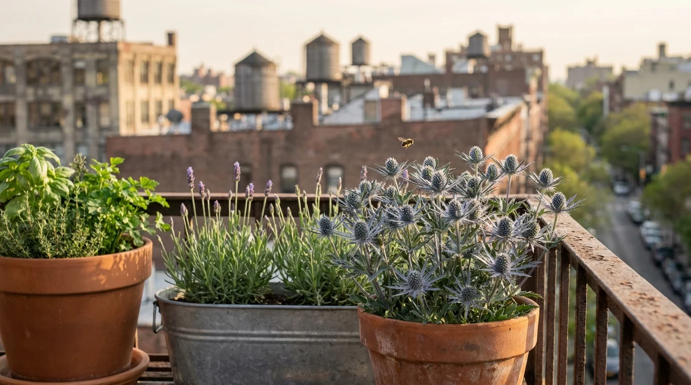 Urban gardening on a Brooklyn balcony — Eryngium and lavender in containers with a mason bee mid-air over the city rooftops